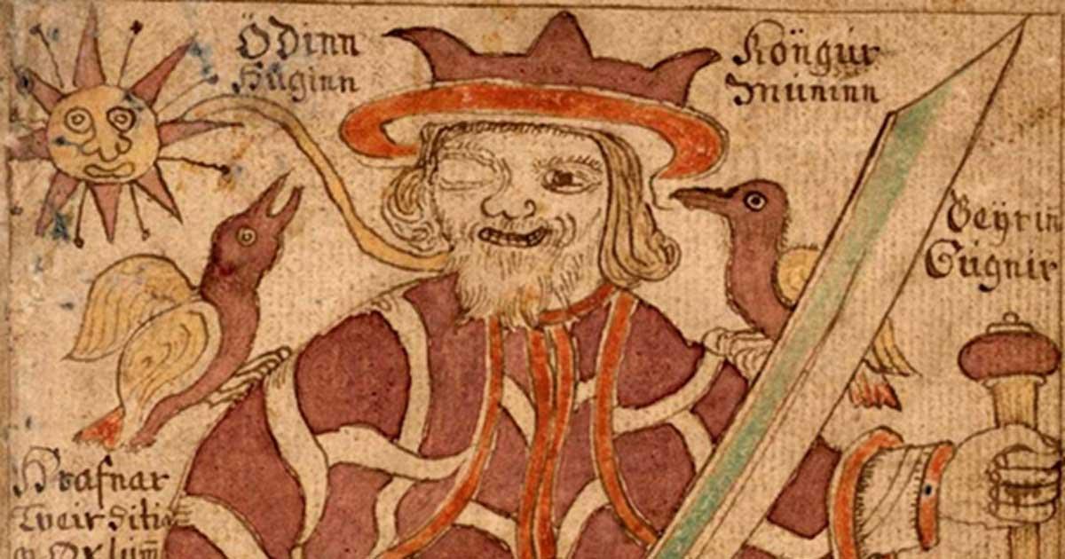 The one-eyed Odin with his ravens Hugin and Munin and his weapons. An illustration from an 18th-century Icelandic manuscript. 