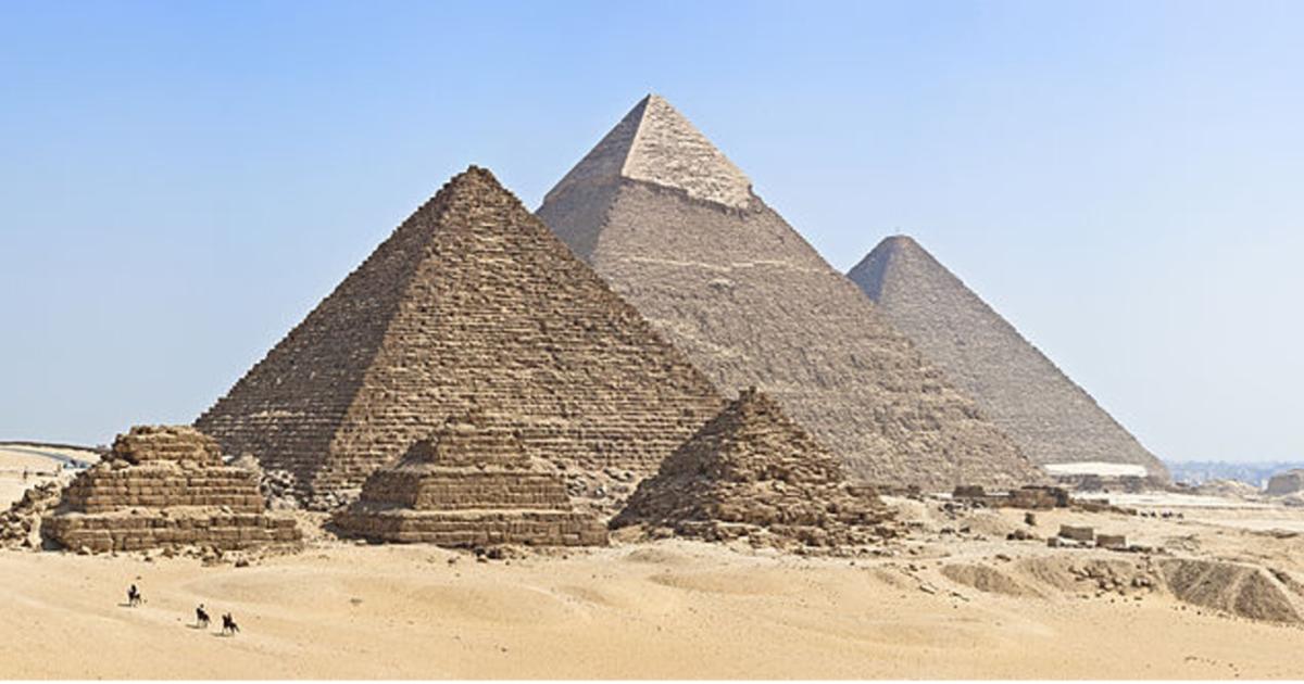 The three main Egyptian pyramids at Giza, together with subsidiary pyramids and the remains of other ancient structures