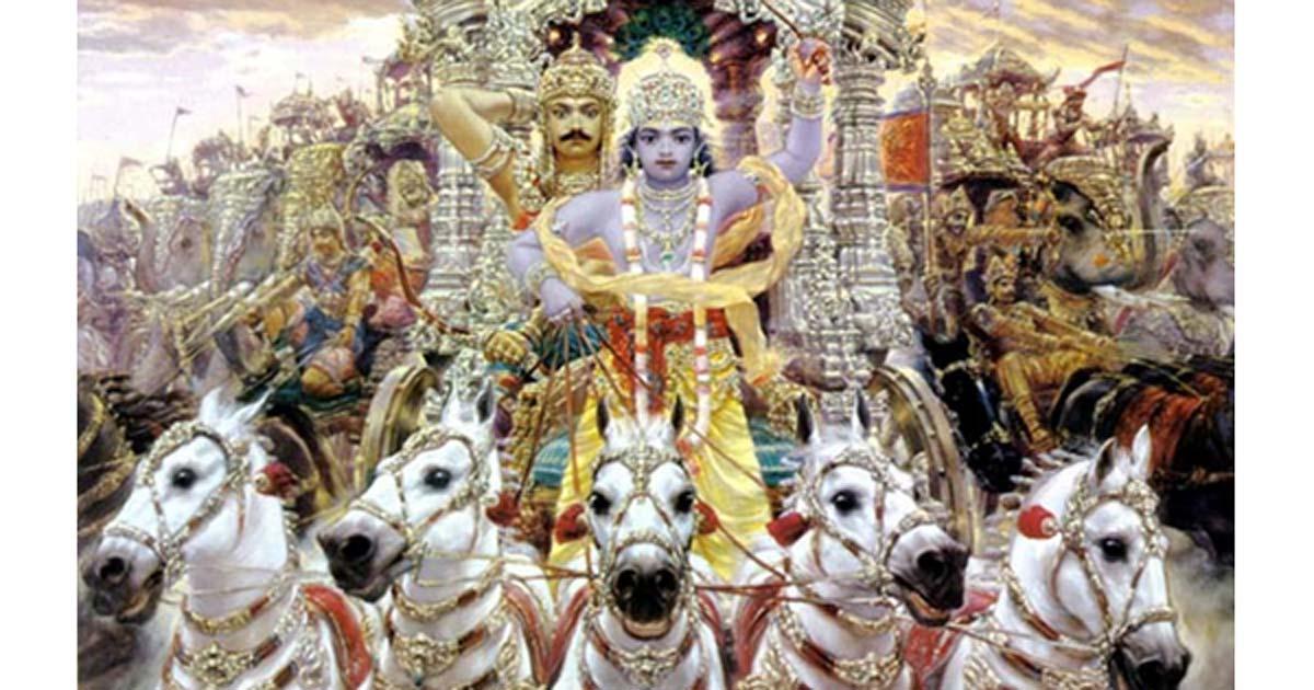 Krishna driving a chariot with Arjun behind in Mahabharata