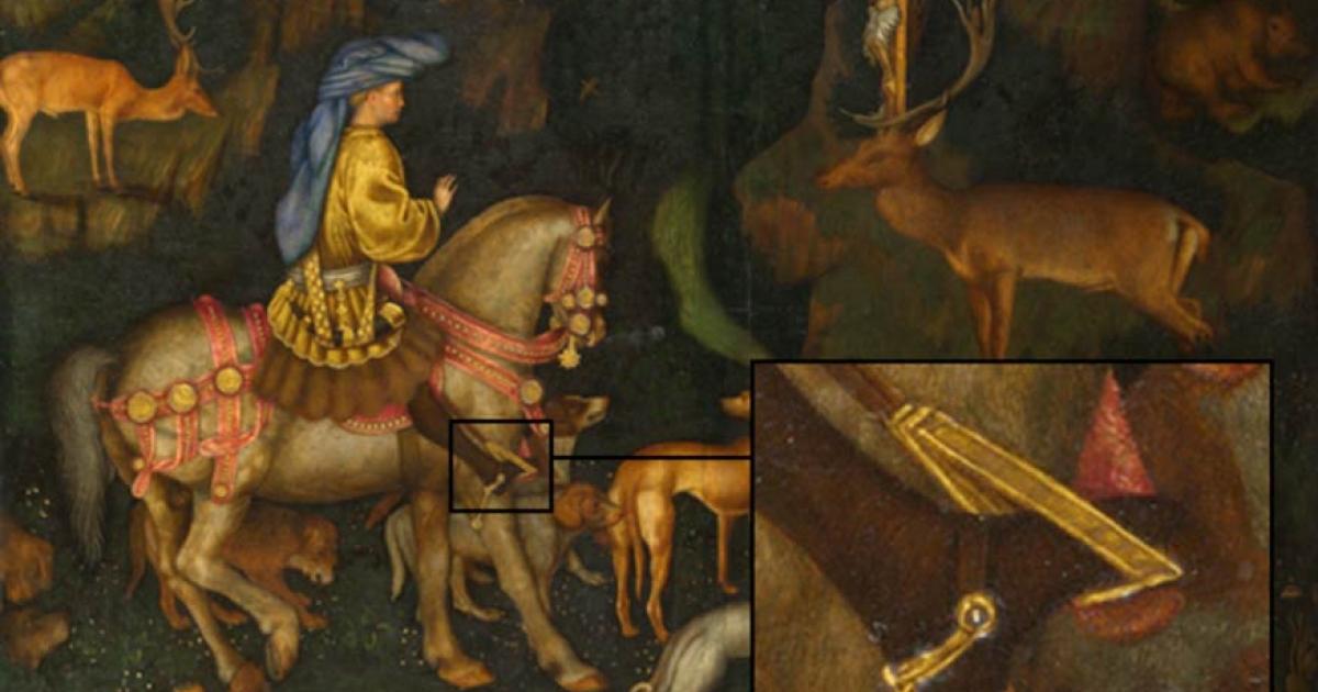 The Vision of Saint Eustace, Pisanello, 1438–1442. Rider wearing high heels.