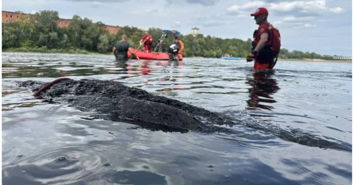 The dugout canoe being extracted from the Vistula River location. 	Source: pogotowiearcheologiczne.pl