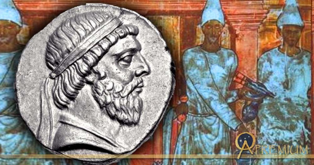 Coin of Mithridates I of Parthia (Classical Numismatic Group, Inc.and illustration depicting a sacrifice being made on behalf of a family, by the chief priest Conon and two assistants, first century AD. Graeco-Iranian style 