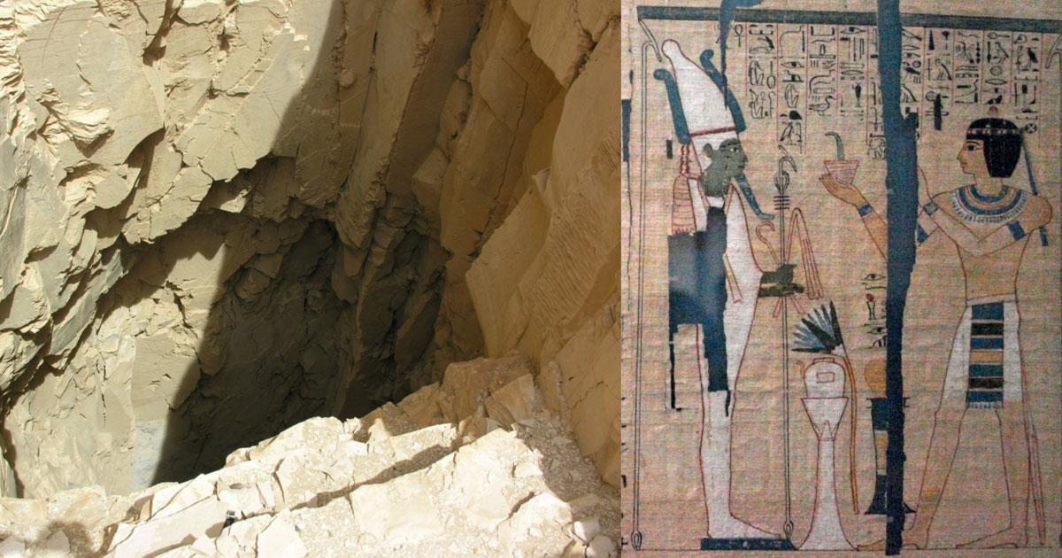 On Left – Theban tomb - burial site of Pinedjem II and a Royal Cache, tomb shaft. On Right – Pinedjem II as Theban High Priest of Amun. From his Book of the Dead. Source: Left, CC BY-SA 3.0; Right, CC BY-SA 2.5.