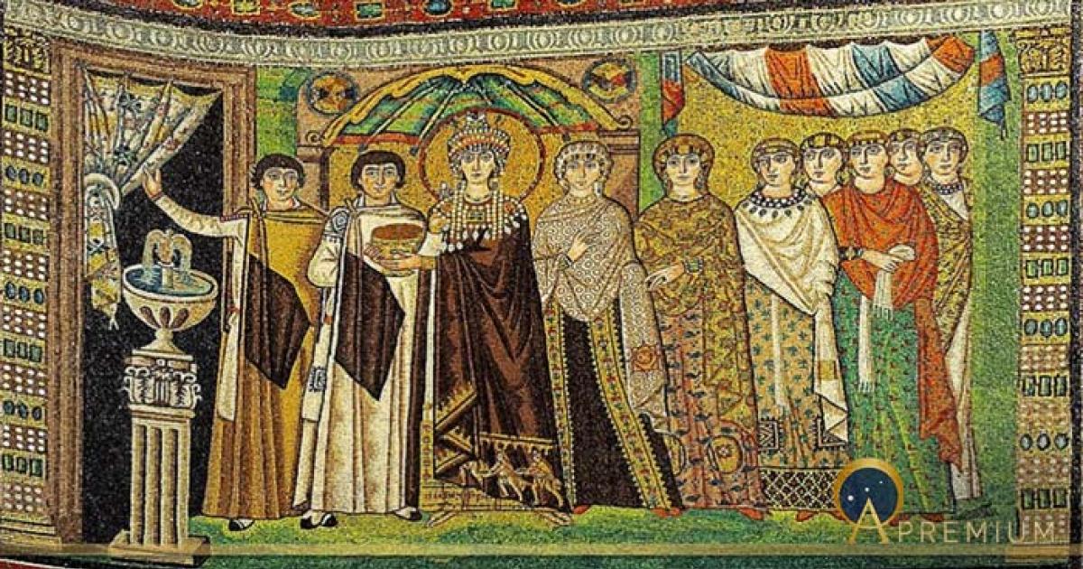 Mosaic of Theodora - Basilica of San Vitale, RAVENNA (built A.D. 547), Italy. UNESCO World heritage site. (Petar Milošević/ CC BY-SA 4.0)