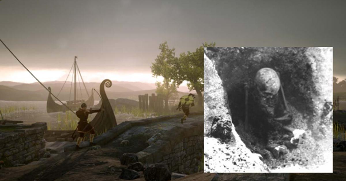 Main image: Screen of Gameplay of the video game War of the Vikings (public domain). Inset: One of the skeletons found in the Sandvika sitting graves, Central Norway (Photo: NTNU Museum of Natural History and Archaeology, 1965-66)