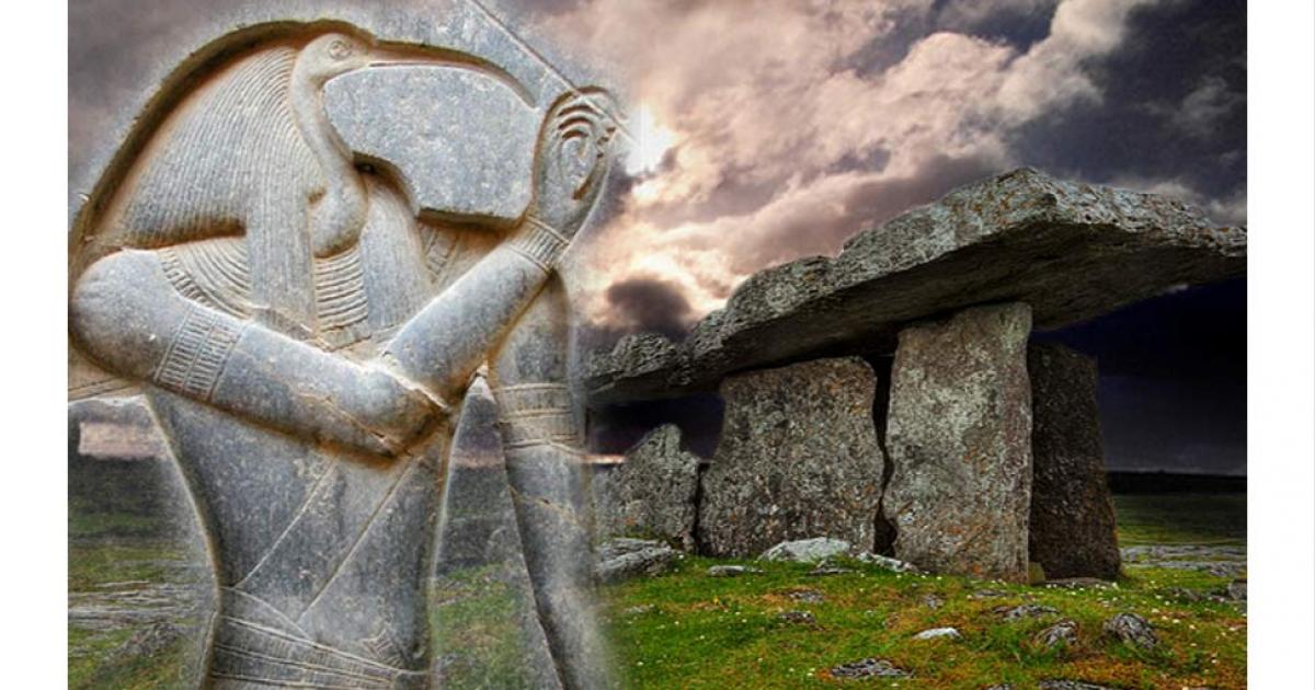 Deriv; Ancient Celtic dolmen from Poulnabrone, Ireland and carved Egyptian deity Thoth 