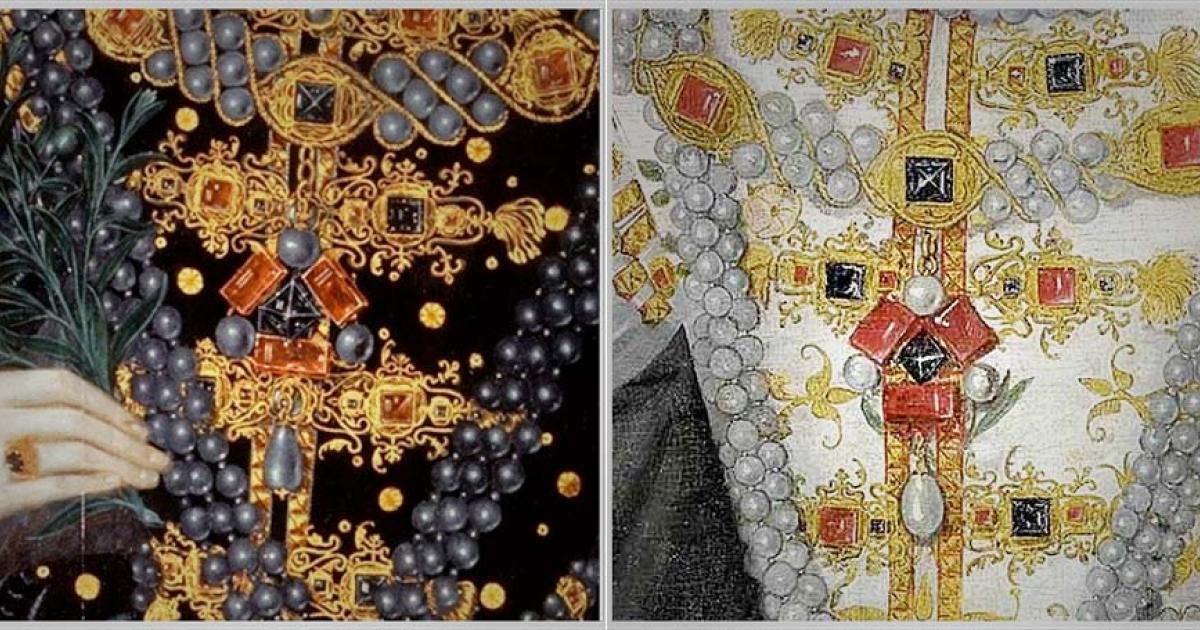 Detail of the "Three Brothers" jewel from two paintings of Elizabeth I, the "Ermine Portrait" and "Elizabeth I of England holding an olive branch"	Source: CC BY-SA 3.0