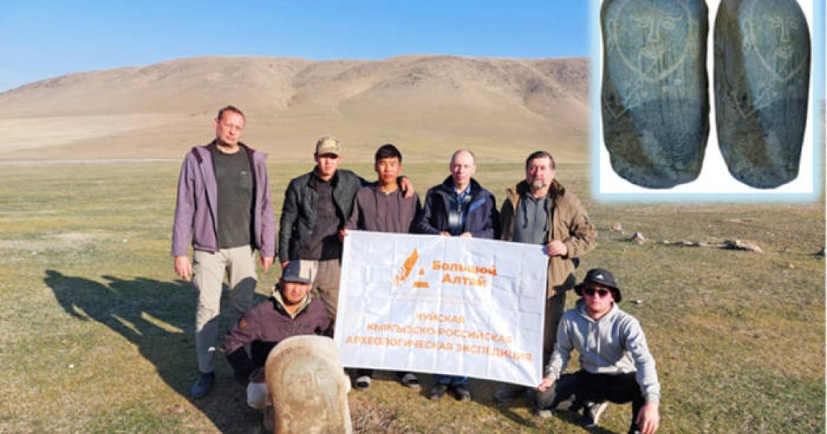The research group in Kyrgyzstan with the Turkic stone sculpture.