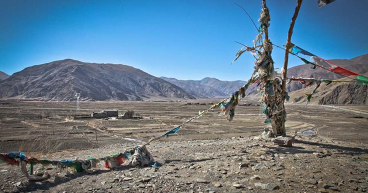Prayer Flags on Tomb of Songtsen. View of Chongye Valley to the South from the Tomb.