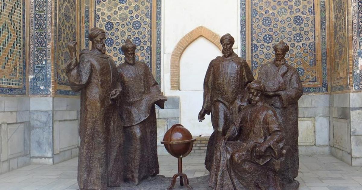 Timurid Emperor Ulugh Beg, an astronomer and khan, seen here with scholars in this statue.