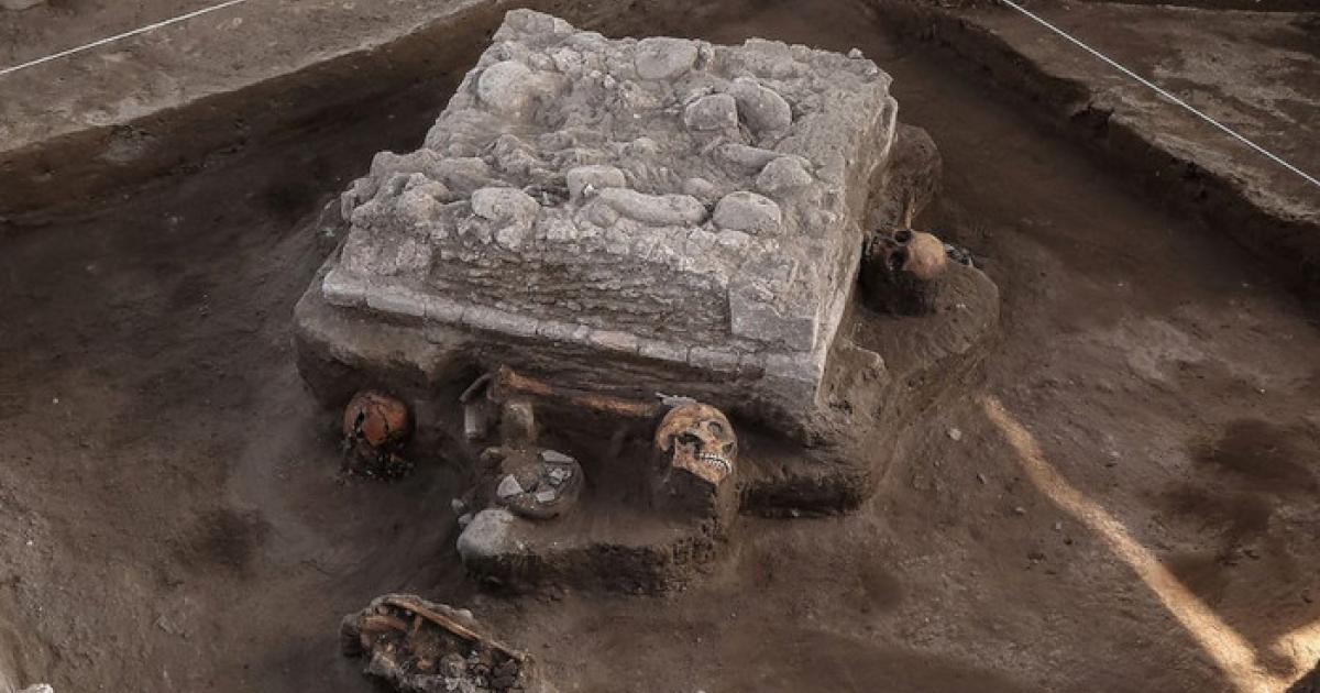 The Toltec altar and human remains discovered in Tula, Mexico.