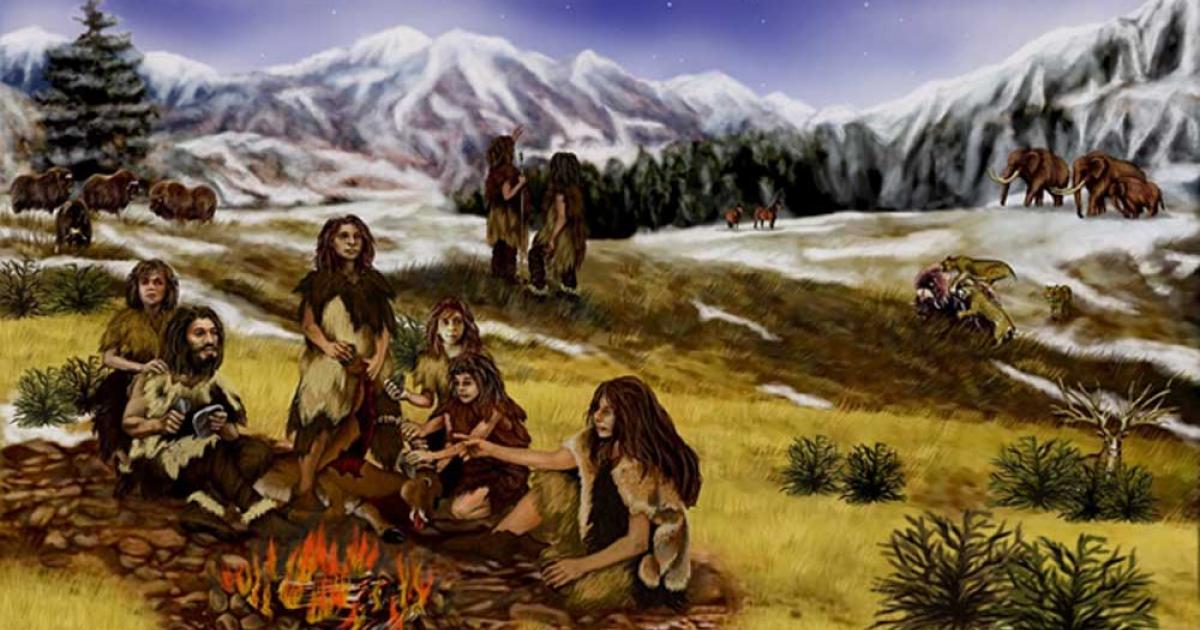 Representation of a group of Neanderthals.