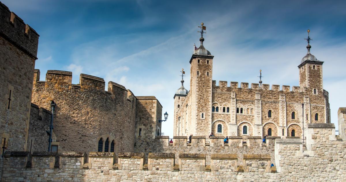 The White Tower and outer walls of the Tower of London.