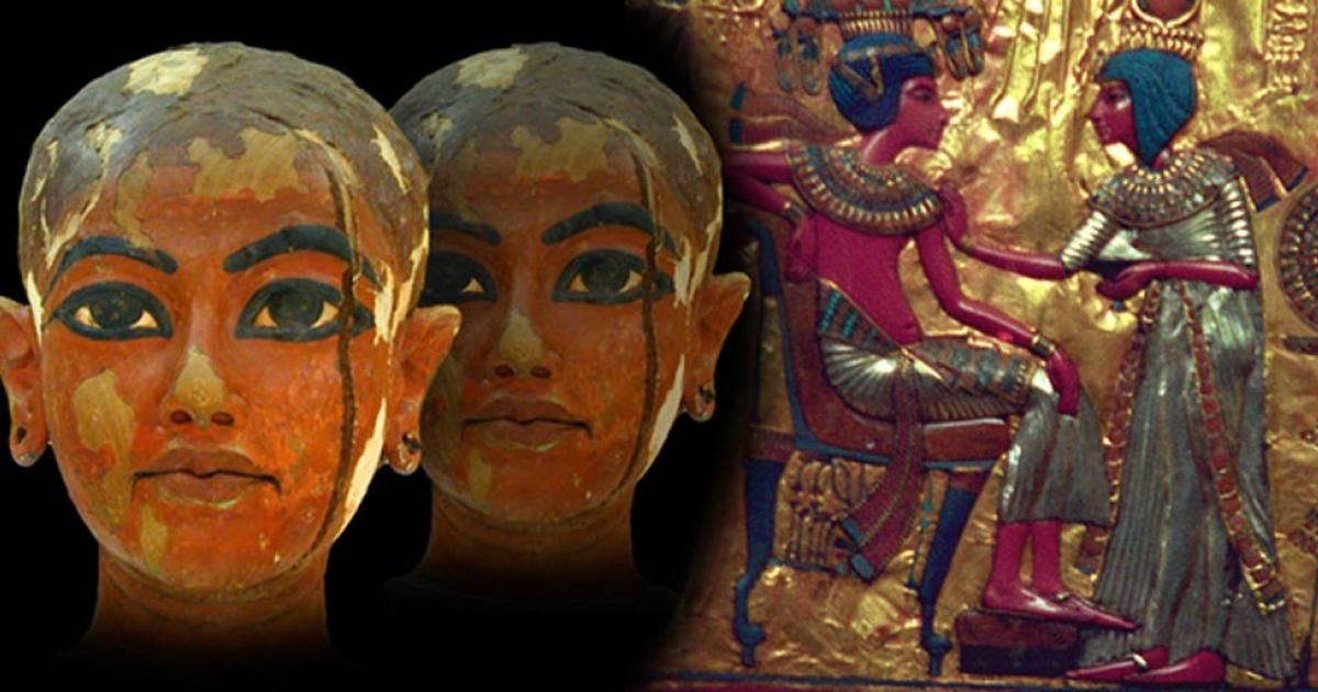 Deriv; Sculpture depicting the King Tutankhamun as a child, gold plate with Tutankhamun and Ankhesenamun.