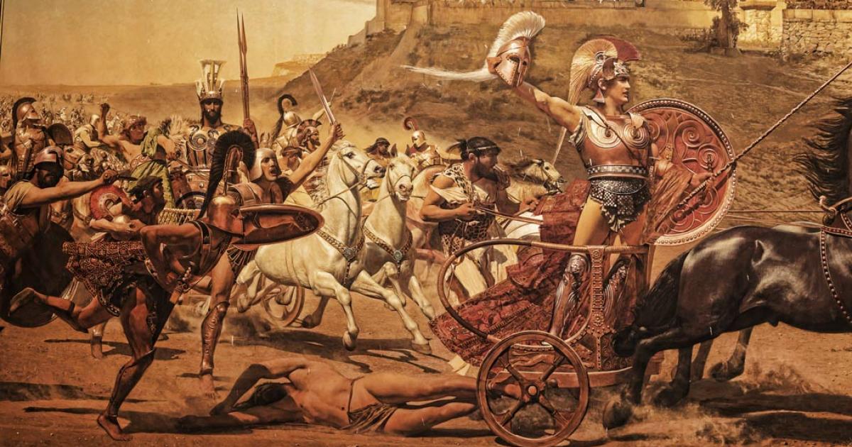 Trojan War scene. Achilles dragging the dead body of Hector in front of the gates of Troy