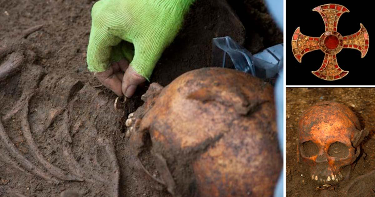 Left, The Trumpington Cross is found during the excavation of the burial in 2012. Top right, The Trumpington Cross. Bottom Right, Skull of Anglo-Saxon girl in the burial. Source: University of Cambridge Archaeological Unit