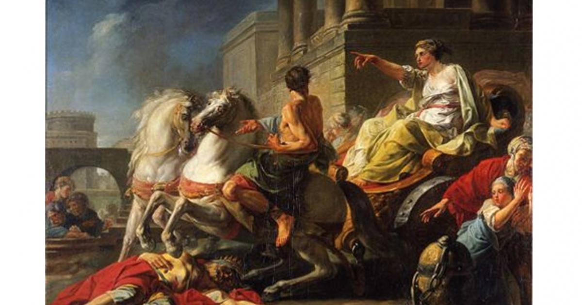 Tullia drives her chariot over the body of her father, Servius Tullius. Painting by Jean Bardin, 1765.