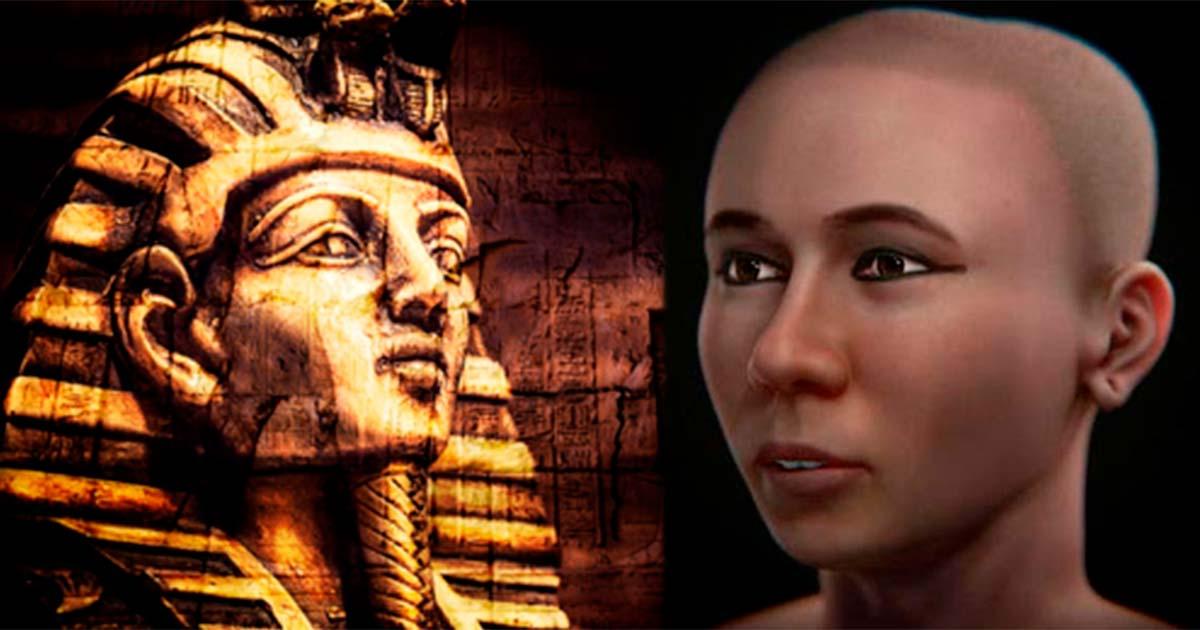 Left, Tutankhamun golden funerary mask. Right, 2023 facial reconstruction of King Tutankhamun. Source: Left, merydolla / Adobe Stock. Right, C. Moraes et al.
