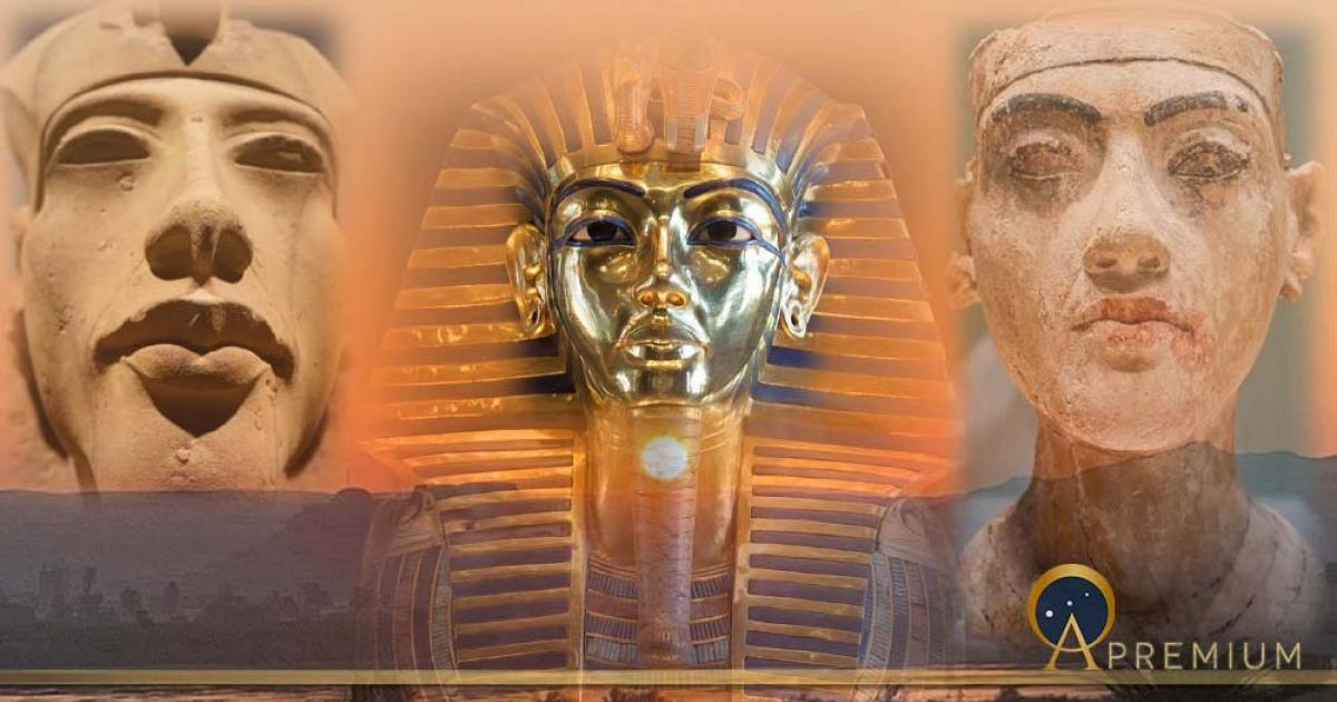 Akhenaten plaster bust on the left and Smenkhkare plaster bust on the right of the funerary mask of Tutankhamun. Berlin’s Neues Museum. Behind is the sunrise near Amarna, Egypt. (Image: Courtesy Jonathon Perrin)