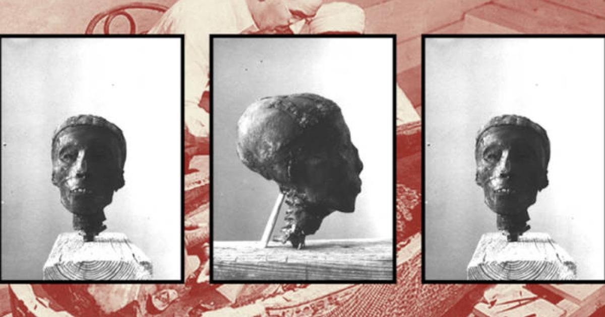 tutankhamun's memmified head from several angles.