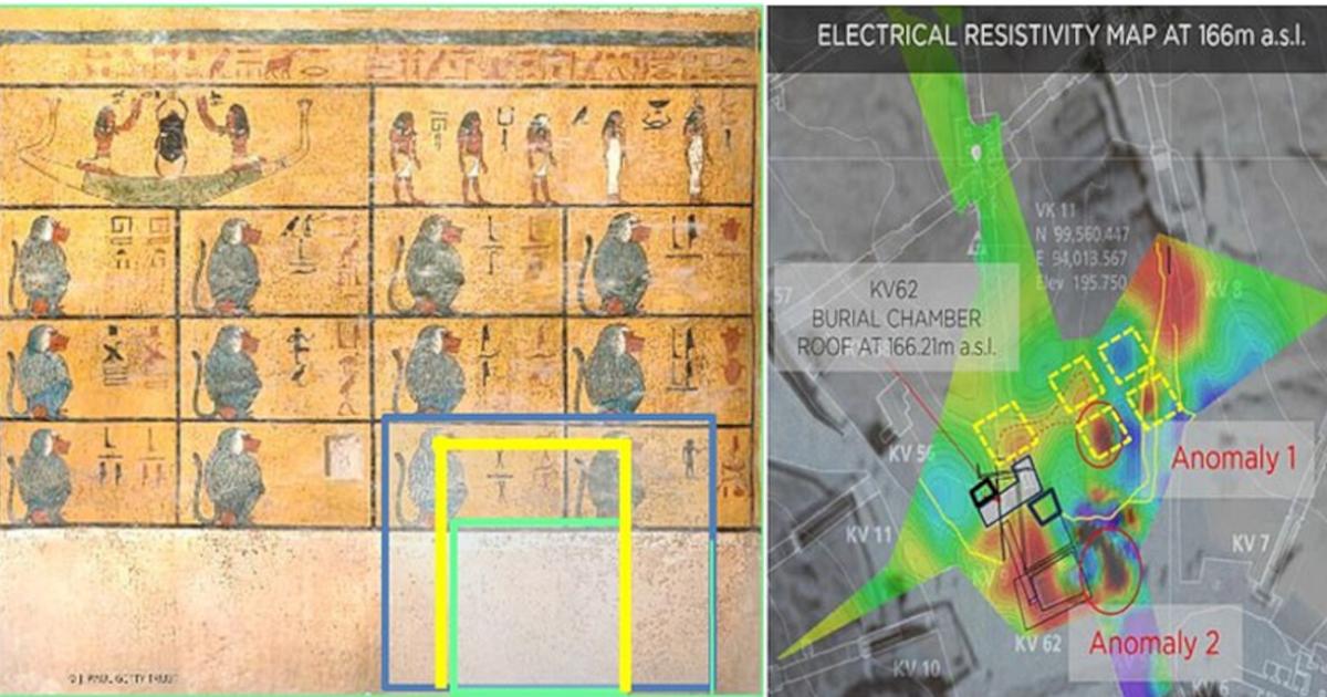 Left; Area in Tutankhamun’s burial chamber where the researchers believe there could be a false wall. Right; Map of the tomb and surrounding area using microgravity scanning. 