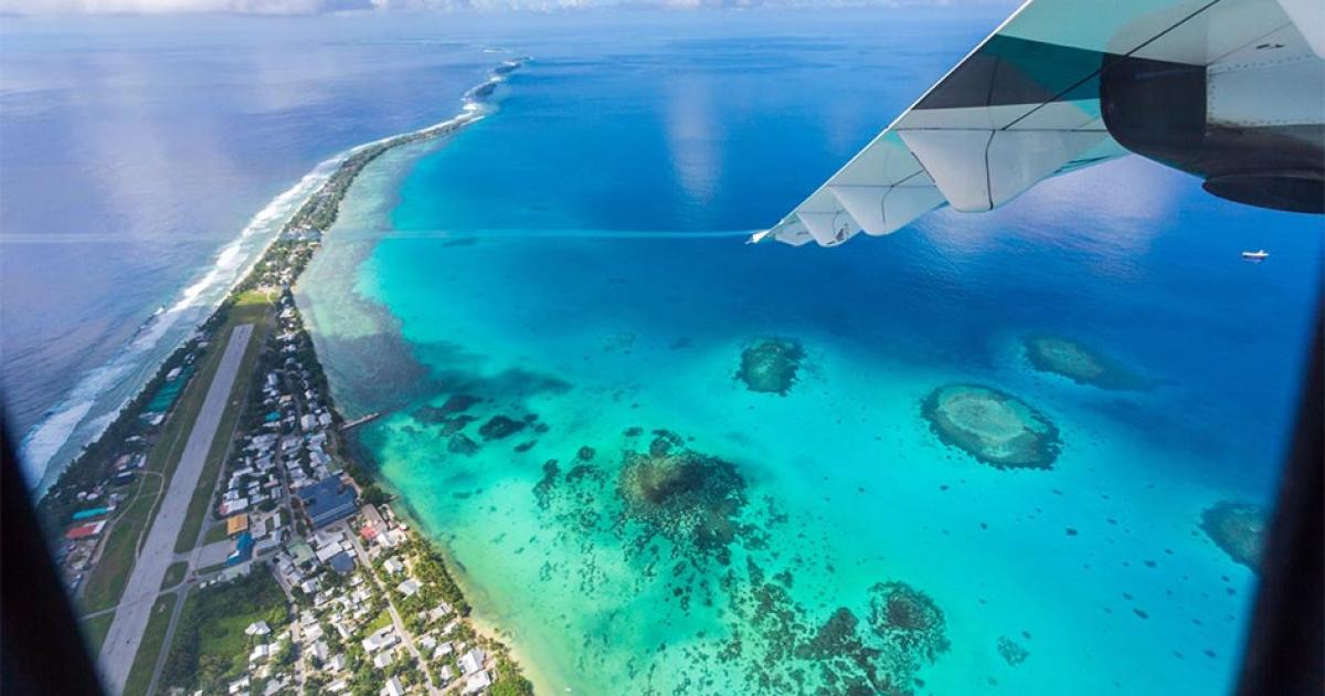 Aerial view of Funafuti atoll and the airstrip the airport in Vaiaku       Source: Dmitry/ Adobe Stock)
