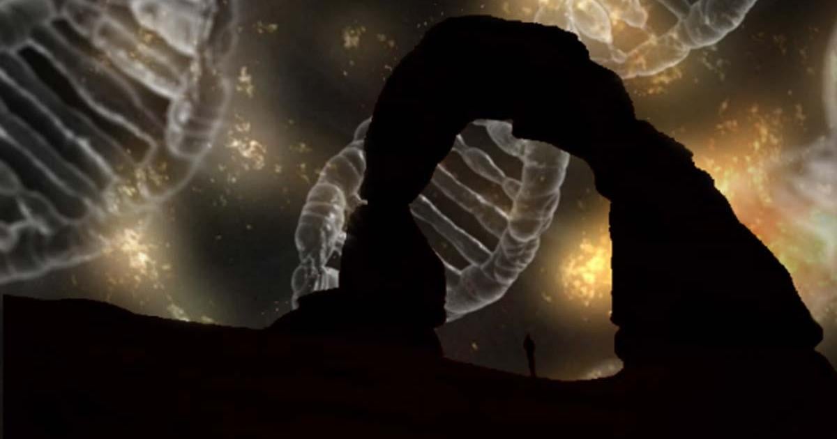 Silhouette of a person under an arch. (CC0) Background: DNA.