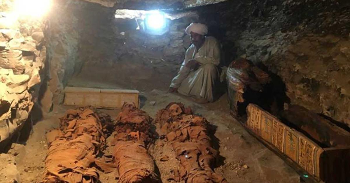 Mummies of a woman and two children found in burial chamber at Draa Abul Naga, Luxor