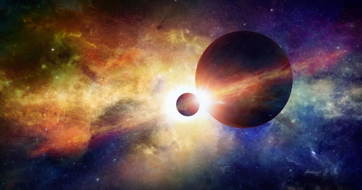 Two planets in space, glowing mysterious nebula in universe. 