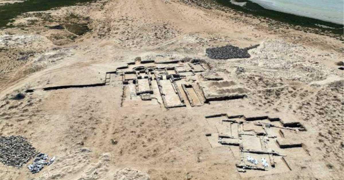 A drone shot of the monastery, including a single-aisle church, refectory, cistern, storeroom and kitchen. The nearby courtyard building, lower right, may be an abbot’s house or ‘bishop’s palace.’ Siniyah Island in Umm al-Quwain, United Arab Emirates.	 Source: Nasser Muhsen Bin Tooq / Department of Archaeology and Tourism of Umm Al-Quwain via AP