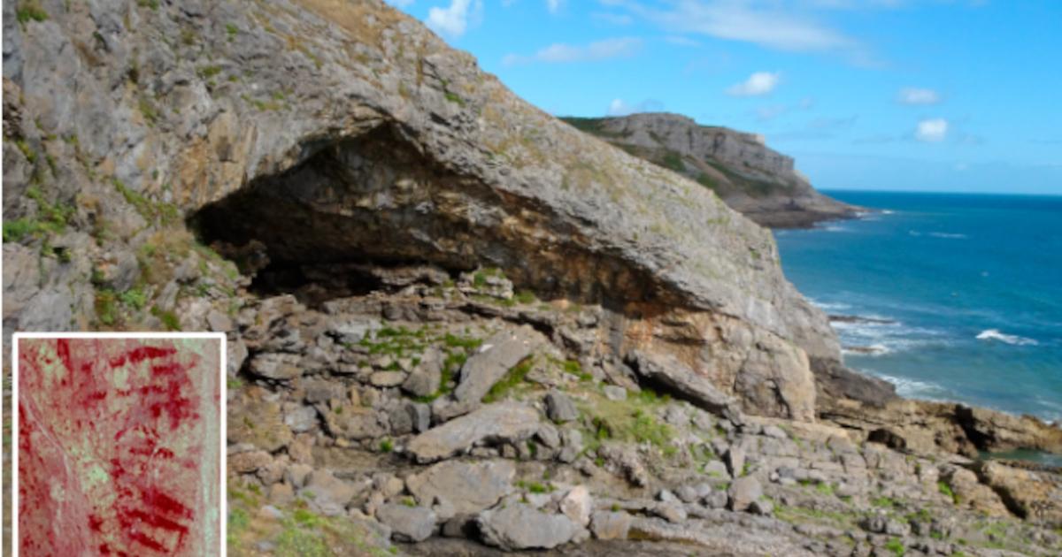 A general view of Bacon Hole cave on the Gower Peninsula, Wales, overlooking the Bristol Channel, with Insert, images of the newly denoted cave art