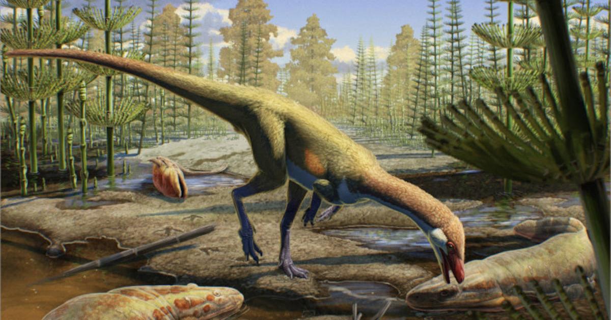 An artist’s rendering shows how Ahvaytum bahndooiveche may have appeared in a habitat dating to around 230 million years ago. 