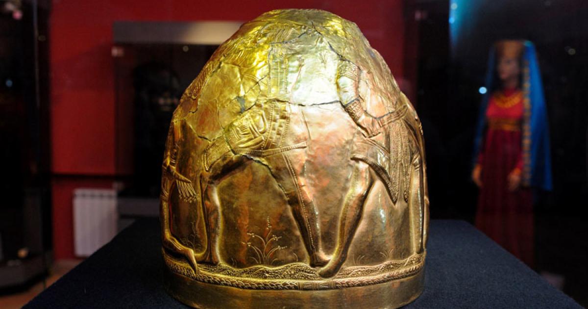 Representative Scythian gold warrior helmet kept in the National History Museum Kyiv.	Source: Yurii Zushchyk/Adobe Stock