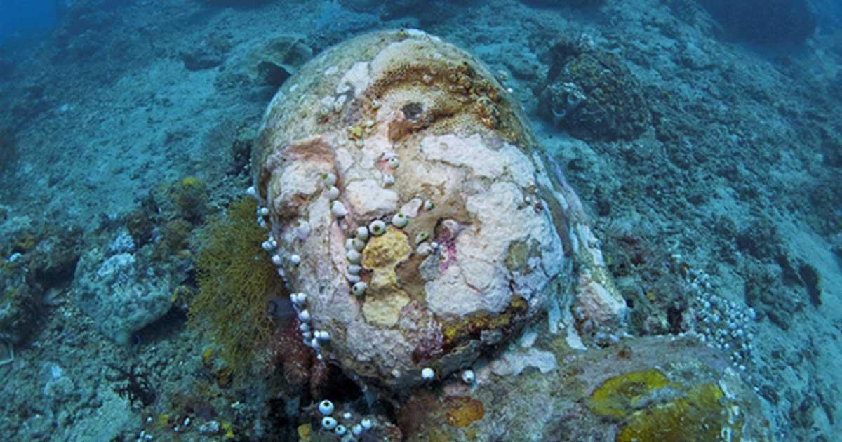 Stone head of lord Buddha photographed during a dive at the Temple, near Pemuteran, Bali