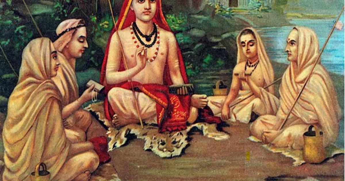 Adi Shankara, 788-820 AD, founder of the Advaita Vedanta, the oldest extant sub-school of Vedānta, a tradition of interpretation of the Upanishads, by Raja Ravi Varma.	Source: Raja Ravi Varma / Public domain