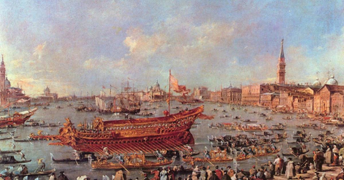 Painting of the launch of a ship in Venice by Francesco Guardi (1712-1793) called ‘The Departure of the Bucentaur, at the Lido.’