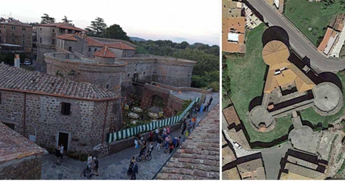 Left; Vejano Castle, Vejano, Italy, street view of tower and entry bridge. Right, the triangular Vejano castle from above. Source: Left; Croberto68/ CC BY-SA 3.0, Right; Google Earth