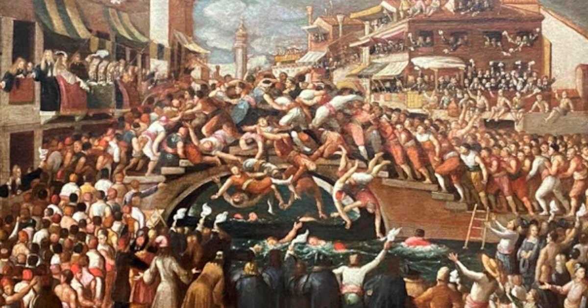 This painting, from circa 1675 by Joseph Heinz the Younger, shows a wild Venetian bridge war on the famous Ponte dei pugni bridge. Source: Joseph Heintz the Younger / CC BY-SA 4.0