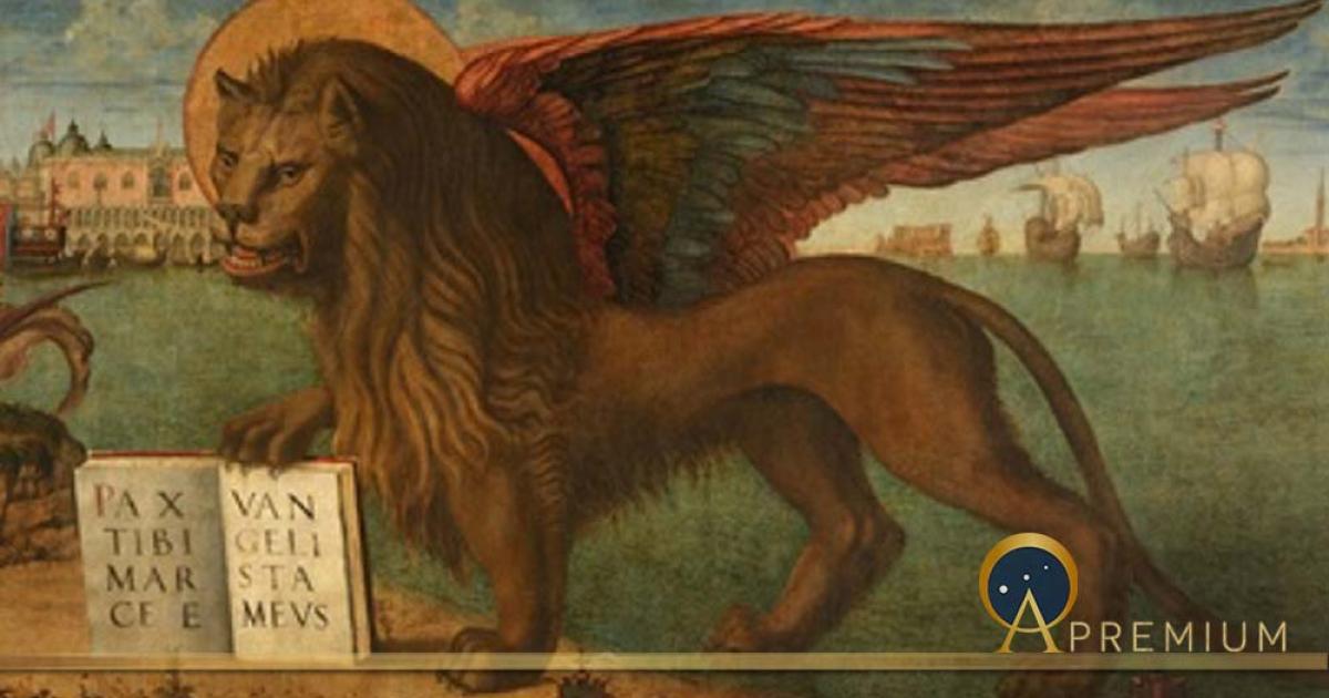 Mark the Evangelist's symbol is the winged lion, the Lion of Saint Mark. Inscription: PAX TIBI MARCE EVANGELISTA MEVS ("peace be upon you, Mark, my evangelist"). The same lion is also symbol of Venice (Public Domain)