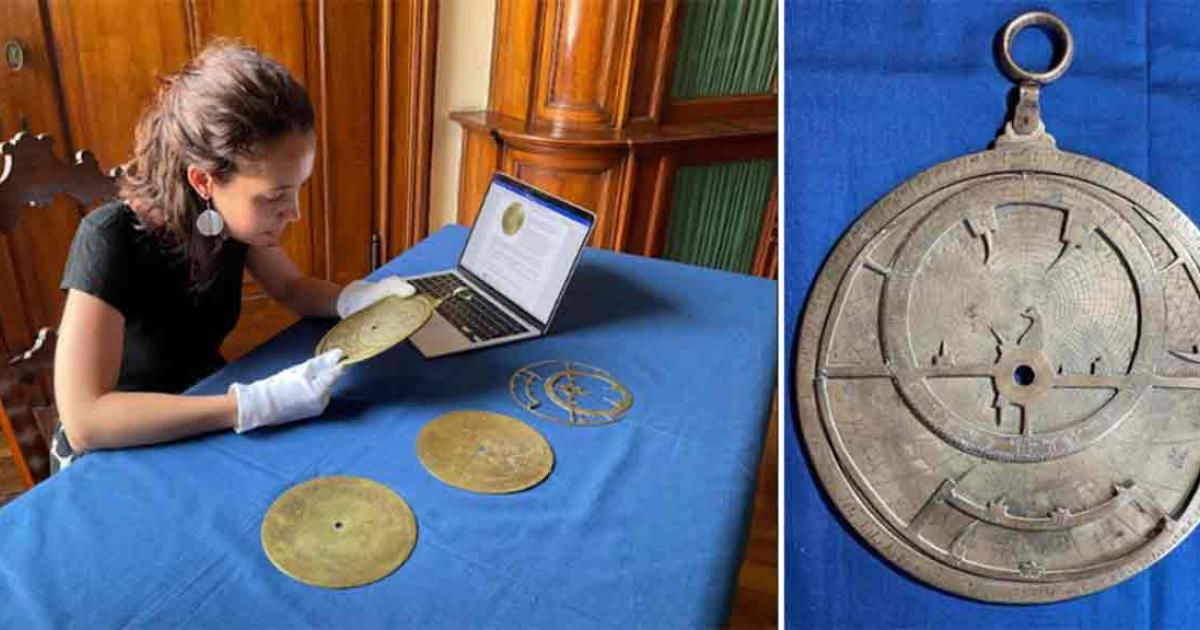 Left; Dr Frederica Gigante examining the Verona astrolabe, Right; The Verona Astrolabe. Source: F. Gigante/University of Cambridge