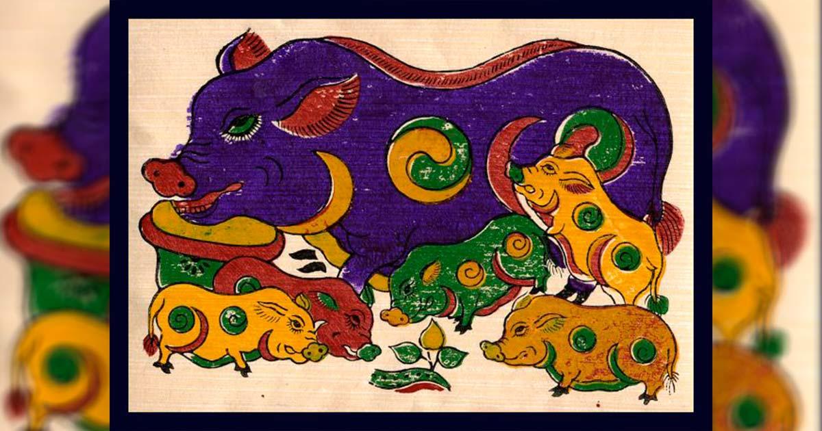 Dong Ho Vietnamese art is an aesthetic symbol in Vietnamese culture.  This painting is titled, ‘Good luck wish’: Lợn âm dương (Yin-yang pig). Source: Public Domain
