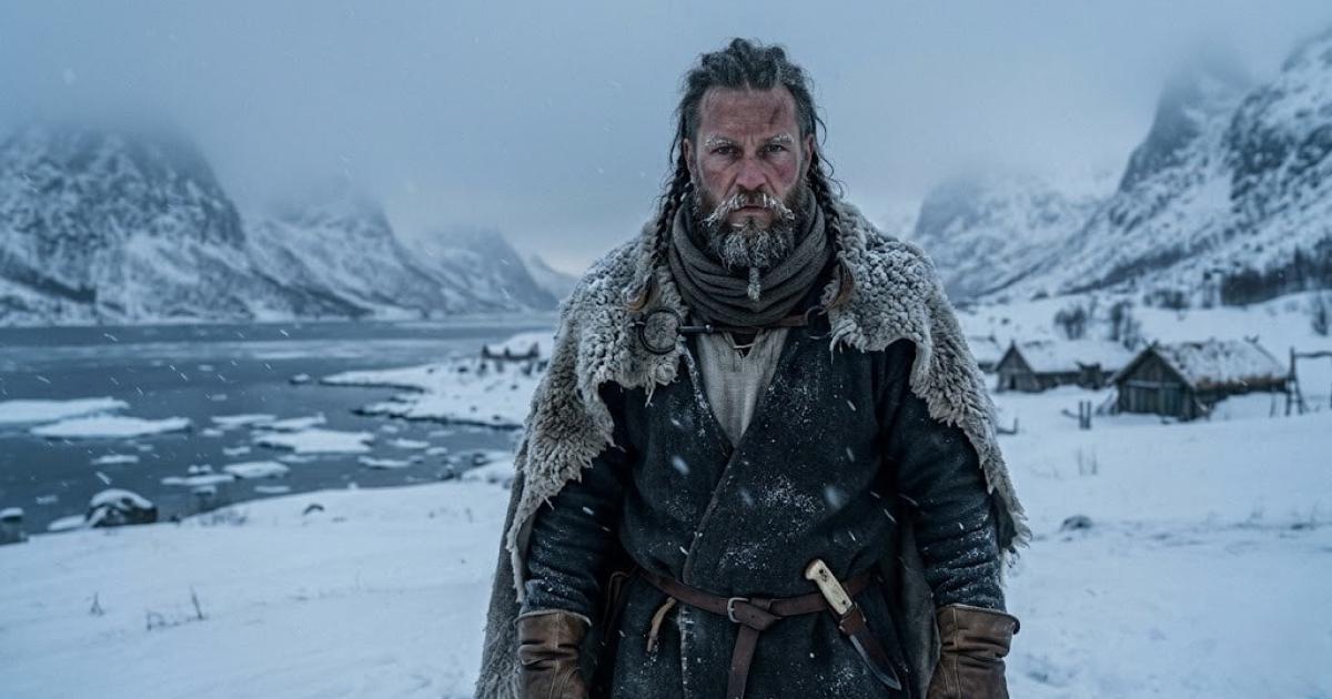 A photorealistic illustration of an early Viking settler enduring the harsh 'Fimbulwinter' in 6th-century Norway.