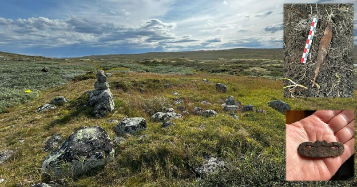 The foundation of an old hut near a hiking trail in Holmetjønn, Hardangervidda, Norway. 