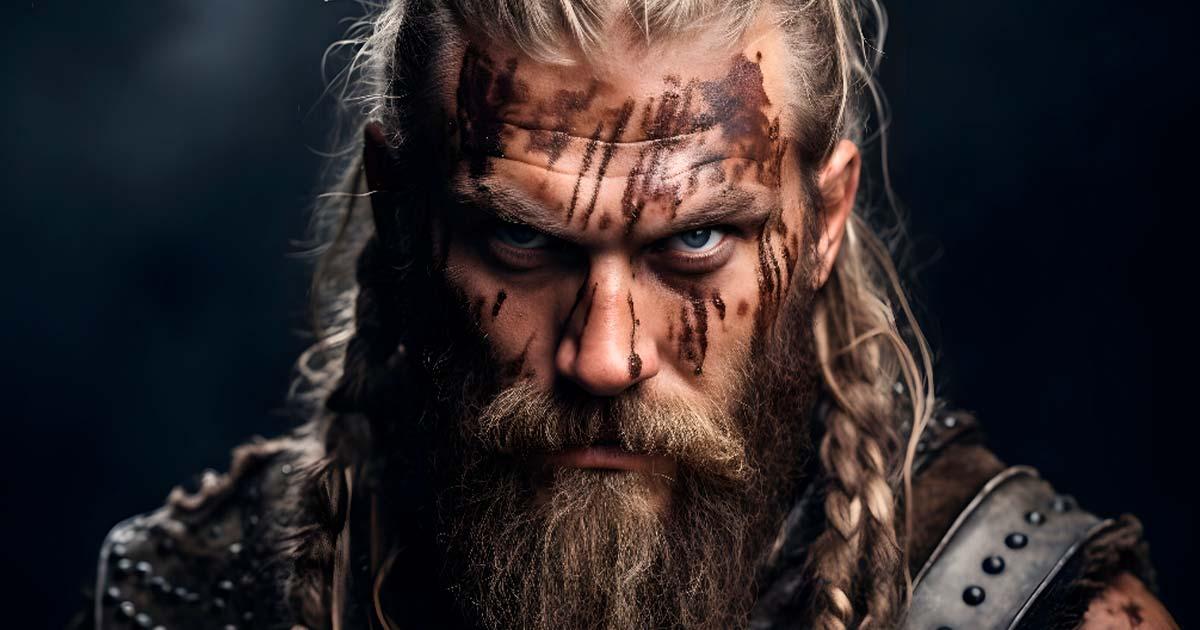 AI portrait of fearless powerful warrior Viking man with blood marks. Source: Asiri/Adobe Stock