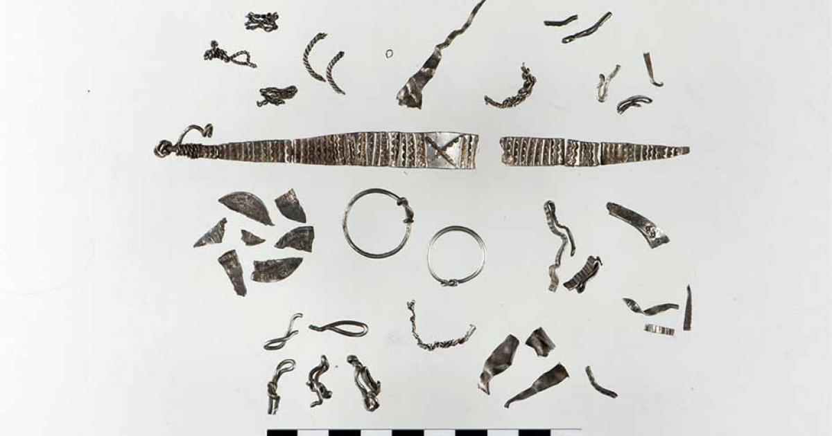 The Viking silver hoard from Stjørdal, Norway consists of a total of 46 objects in silver. Source: Birgit Maixner, NTNU Science Museum.