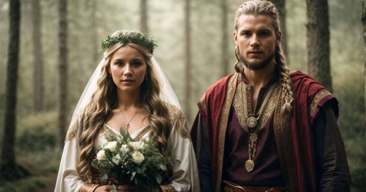 Bride and groom, in Viking traditional outfits. Viking wedding rituals were necessary to earn the blessings of the gods and for continuing the Viking bloodline.  Source: MaxNadya/Adobe Stock