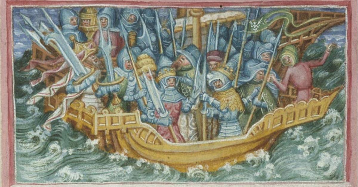 The scene depicts Hinguar and Hubba setting out to avenge their father, Lothbrok