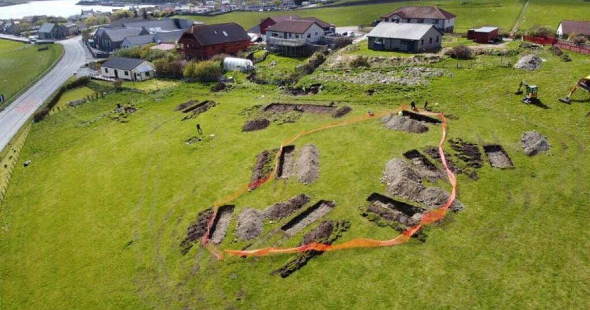 Drone image of the excavation site that could be the location of the long-lost Viking capital of Skailvoighand in the Shetland Islands off Scotland.