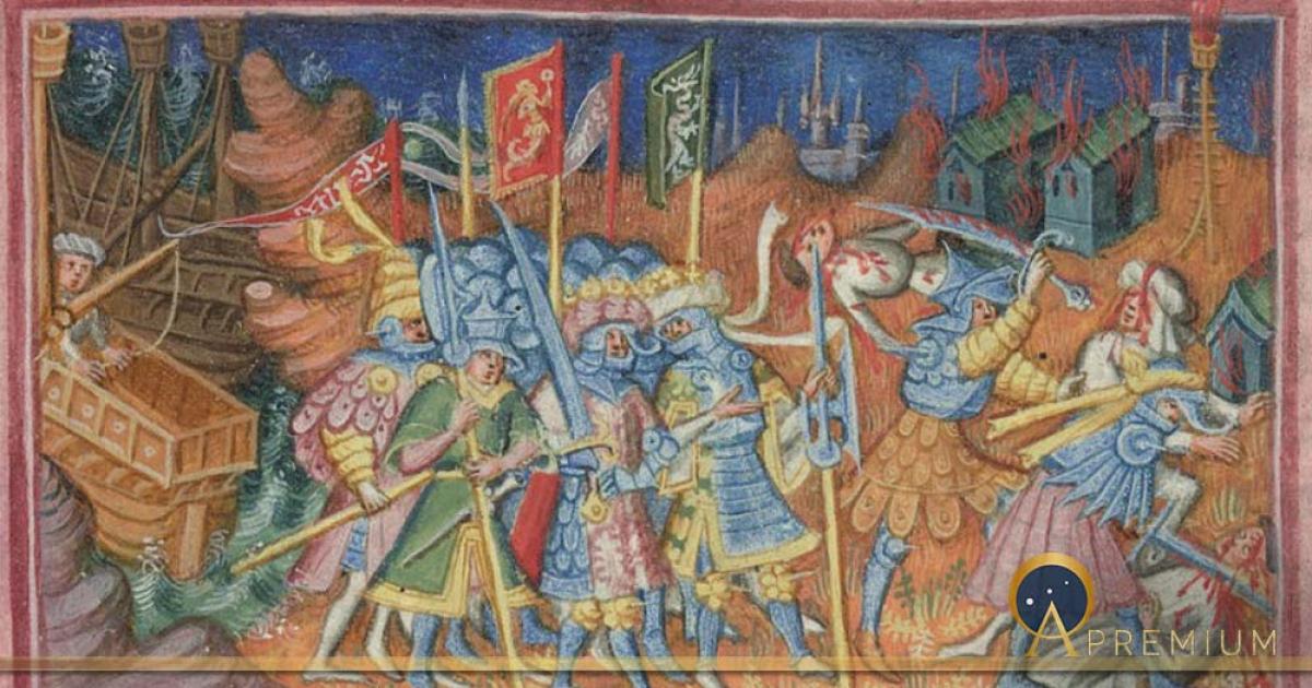 The Great Heathen Army. The scene depicts brothers Hinguar and Hubba slaying Christians in the north of England. Manuscript from British Library (Public Domain)