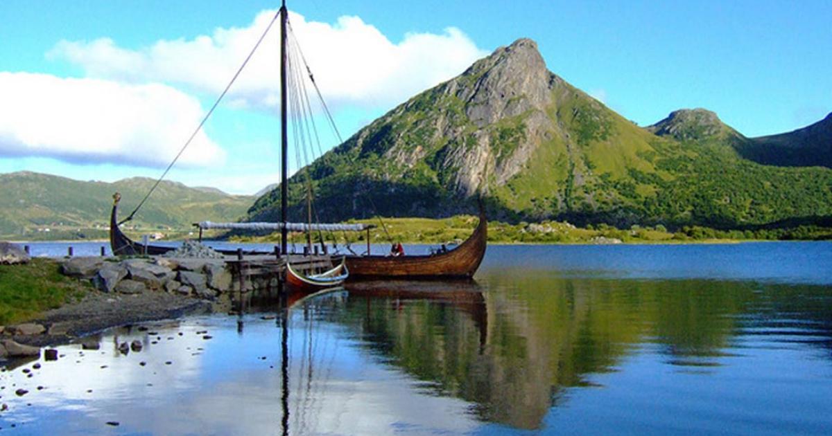 Replica of 9th century Viking ship docked in Norway. 